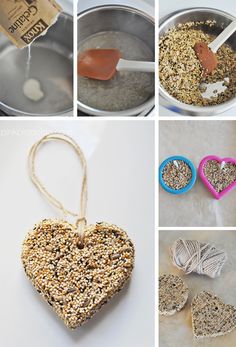 several pictures of bird seed feeders being used to make heart shaped birdseed treats