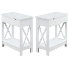 pair of white side tables with shelfs