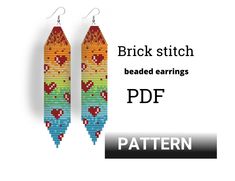 a pair of beaded earrings with hearts on them and the text, brick stitch beaded