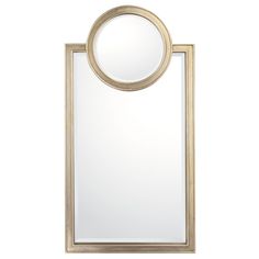 a gold framed mirror hanging on the wall next to a white wall with a circular mirror above it