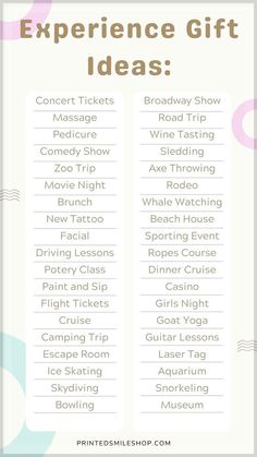 a printable experience gift list for kids with text overlay that reads experience gift ideas