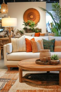 a living room filled with lots of furniture and pillows on top of a wooden table