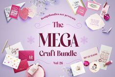 the mega craft bundle vol 26 is on display in front of a purple background with greeting cards and envelopes