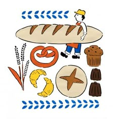 a drawing of a man holding a long loaf of bread with other food items around it