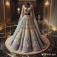 a dress on display in a room with chandelier and marble flooring,