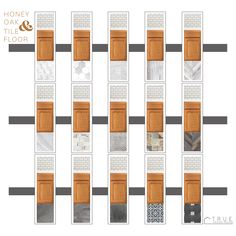 the honey oak and tile floor plan is shown in three different sections, each with an orange door