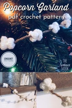 a christmas tree with cotton balls on it and the words popcorn garland in front of it