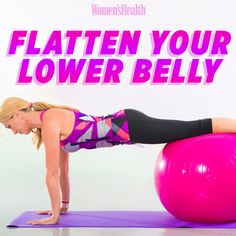 a woman is doing exercises on an exercise ball with the words flatten your lower belly