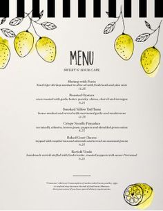 the menu is decorated with lemons and black and white striped paper, along with a piano keyboard