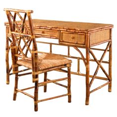 Tortoise Finish Desk & Chair Set With Rush Seat - Desks & Desk Chairs - The Well Appointed House Tropical Office, Office Desk Designs, Desk And Chair, Big Desk, Bamboo Furniture, Coastal Bedrooms, Coastal Kitchen, Coastal Living Room, Desk And Chair Set