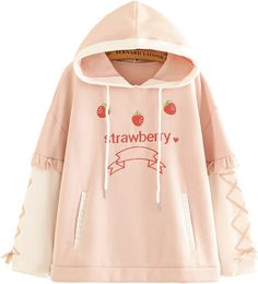 Kawaii Strawberry Hoodie Women Girls Cute Pink Sweatshirt Japanese Style Long Sleeve Causal Top Pullover Fall Autumn Strawberry Hoodie, Anting Manik, Lace Hoodie, Hoodies Aesthetic, Style Kawaii, Japanese Harajuku