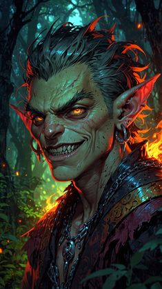 an evil looking man in the woods with fire coming out of his mouth and eyes