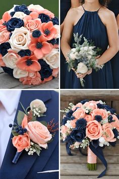 wedding bouquets and bridesmaid's bouquets are arranged in different colors