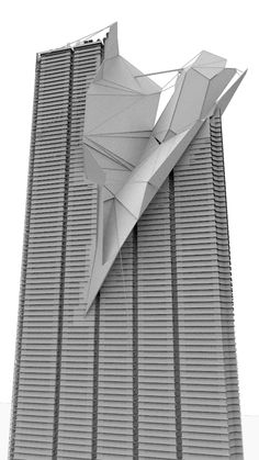 a paper airplane that is on the side of a tall building in black and white