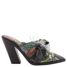 Burberry Ladies Heels. SKU: 8028303. Color: Opal Green. Burberry Tillington Monkey Print Scarf Tie Detail Mules. The Tillington mule in jersey woven with a hint of stretch, printed with a troop of monkeys inspired by an antique illustration. It features a self-tie ankle strap, pointed-toe, and a slanted block heel. Heel height: 10cm/3.9in. Made in Italy. Please visit the brand website for sizing information. Ladies Heels, Monkey Print, Scarf Tie, Brand Website, Antique Illustration, Scarf Tying, Monkeys, Scarf Print, Womens Heels