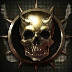 a golden skull with horns and spikes on it's head in front of a black background