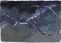 a drawing of a purple dragon flying through the sky with lightning coming from its wings