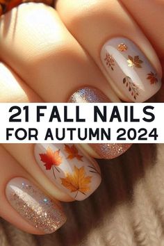 Simple Fall Nail Designs Leaves, Fall Nail Designs Gray, Short Fall Leaves Nails, Fall Leaves Nails 2023, Nail Leaves Designs, Fall Nail Leaf Design, Diy Thanksgiving Nails Easy, Mail Designs Fall, Autumn Leaves Nail Art