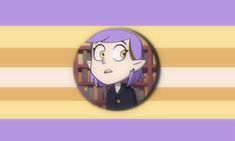 an anime character with purple hair looking through a magnifying lens in front of bookshelves