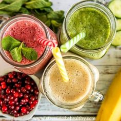 three glasses filled with different types of smoothies