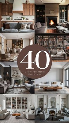 a collage of photos with the number forty written in brown and white, surrounded by furniture