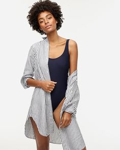 J.Crew: Linen-cotton Beach Shirt In Stripe For Women Maternity Swim, Best Swimwear, Best Swimsuits, Cotton Poplin Shirt, Beach Shirt, High Waist Bottoms, Beach Shirts, Poplin Shirt, Striped Linen