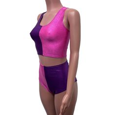 The perfect rave outfit that includes our high-waisted hot pants and crop tank in purple and pink sparkle spandex. Purple Fitted Crop Top For Club, Fitted Purple Crop Top For Club, Pink Fitted Rave Crop Top, Fitted Pink Rave Crop Top, Purple Crop Top For Club, Fitted Pink Crop Top For Rave, Fitted Purple Crop Top For Festival, Rave Outfits Pink, Purple Sparkle