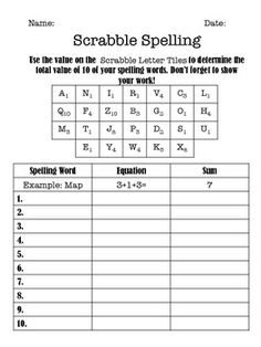 the worksheet for scrabble spelling is shown in black and white, with numbers