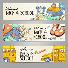 two back to school banners with backpacks and books