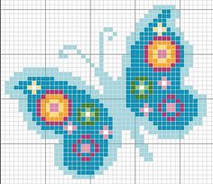 a cross stitch pattern with a blue butterfly