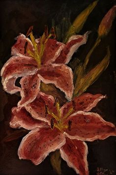 Oil Paintings Flower, Oil Painting Monet, Whimsical Paintings Acrylic, Painting Of Lilies, Mini Oil Painting Ideas, Vintage Painting Aesthetic Easy, How To Draw Lilies, Spider Lily Painting, Flower Painting Background