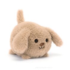 a small stuffed dog sitting up against a white background and looking at the camera with an alert look on its face