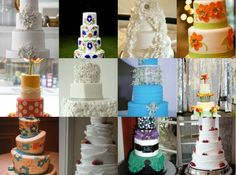 many different types of wedding cakes are shown in this collage, including one for the bride and groom