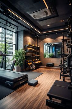 a gym with treadmills, exercise equipment and plants in the window sill