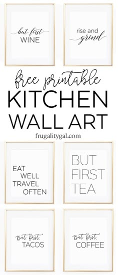 the printable kitchen wall art is shown in black and white