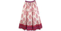 Cotton Print Long Skirt - A spar-kingly beautiful bright print on a voluminous white skirt. The flower pattern is bright red and purple. A very lovely feminine and cute skirt. It would look very charming and pretty with a solid red tank top and some long silver toned jewelry. The skirt truly has a lot of cloth - its volume, a wider hem and the bold print gives it character. It even has a lining. The waist has an elastic and a simple drawstring for sizing flexibility. Length: 37" ; Waist: 24"-36" Traditional Pink Skirt For Spring, Red Cotton Maxi Skirt For Spring, White Printed Skirt For Spring, White Printed Long Skirt, Bohemian White Maxi Skirt With Floral Print, Traditional White Flowy Skirt, White Flared Skirt With Floral Print, Spring Red Cotton Maxi Skirt, White Flowy Maxi Skirt With Floral Print