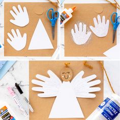 cut out paper angel with scissors and glue on it, sitting next to craft supplies