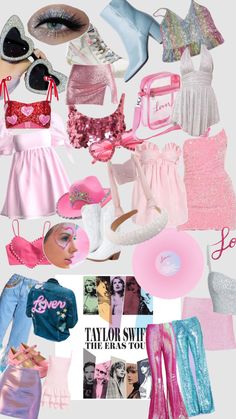 a collage of different types of clothing and accessories for dolls, including shoes, hats, bras, skirts, dresses, panties, socks