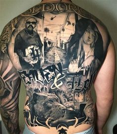 the back of a man's body with tattoos and pictures on his upper half