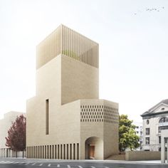 an architectural rendering of a building on the corner of a street with trees and buildings in the background