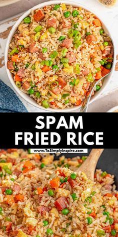 A white bowl of spam fried rice with a silver spoon on the side and text overlay that reads "Spam fried rice. www.tosimplyinspire.com" Easy Dishes With Rice, Fried Spam And Rice, Spam Rice Recipe, Spam Stir Fry Recipes, Spam Fried Rice Recipe Easy, Things To Eat With Rice, Rice Dinners Easy, Rice And Spam Recipes, Fried Rice For A Crowd