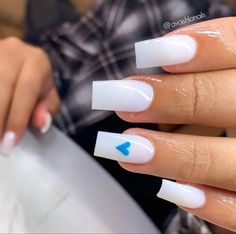 Blue Nails Polygel, Nail Designs Birthday Ideas Simple, White Acrylic Nails Coffin Short With Design, White Nail Acrylic Ideas, Acrylic Nails With Bf Initials Blue, Baddie Blue Nails Short, Birthday Nails Short White, Cute Baddie Nails Acrylic Short, Cum White Acrylic Nails With Designs