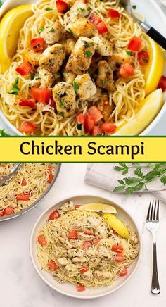 chicken scampi with lemons and tomatoes in a white bowl