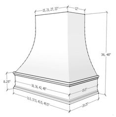 a drawing of a range hood with measurements for the top and side panels on it