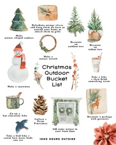 the christmas outdoor bucket list is filled with items to make it look like they're ready