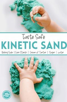 a child's hand on top of a green substance with the words taste safe, kinetic sand