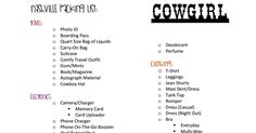 a list of items that are labeled in black and white, with the words cowgirl on them