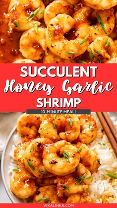 a plate with shrimp, rice and sauce on it that says succulent honey garlic shrimp