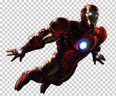 an iron man flying through the air with his arms out and glowing in front of him