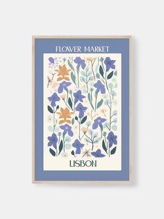 the flower market poster is shown in blue and white with an illustration of flowers on it